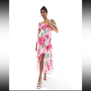 ASOS DESIGN flutter sleeve midi dress with front frill slit in print floral